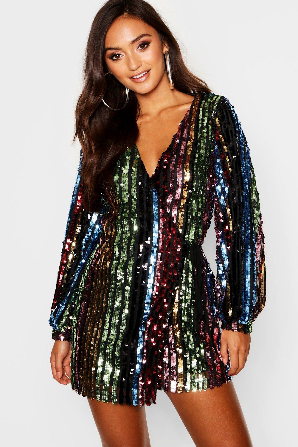 Petite Rainbow Sequin Blouson Sleeve Wrap Dress | boohoo